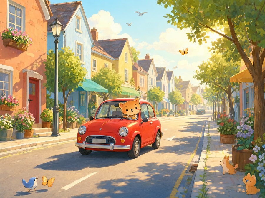 A teddy bear drives a little red car down a sunny street full of flowers