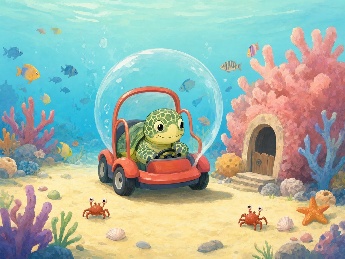 A sea turtle drives a round clear bubble car past a coral reef
