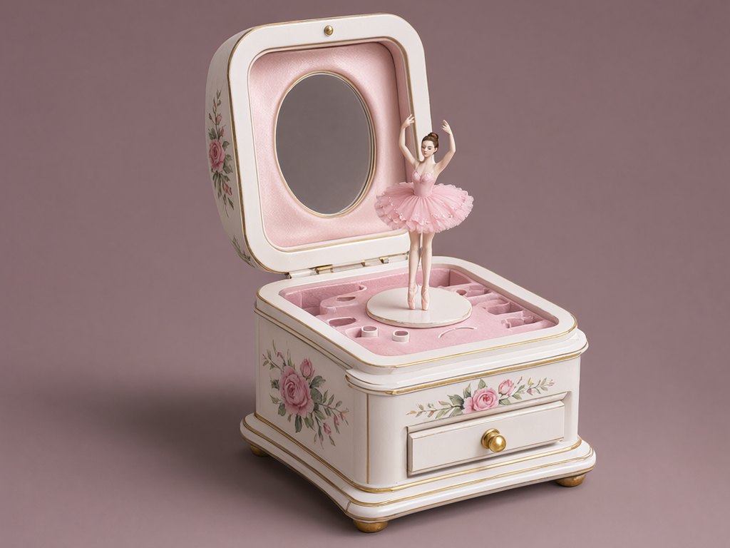 Old music boxes: a ballerina box, a carousel, a snow globe and more