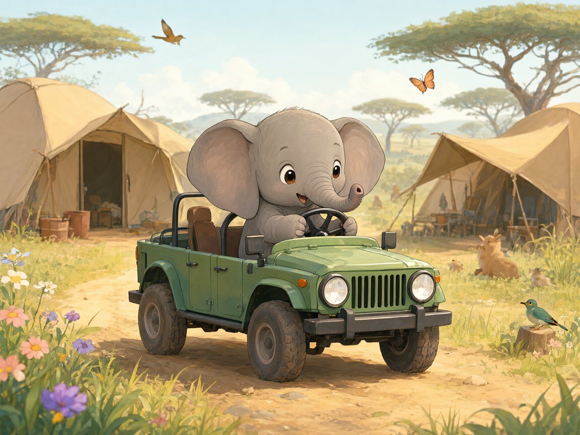 A baby elephant drives a little green jeep across the sunny savanna