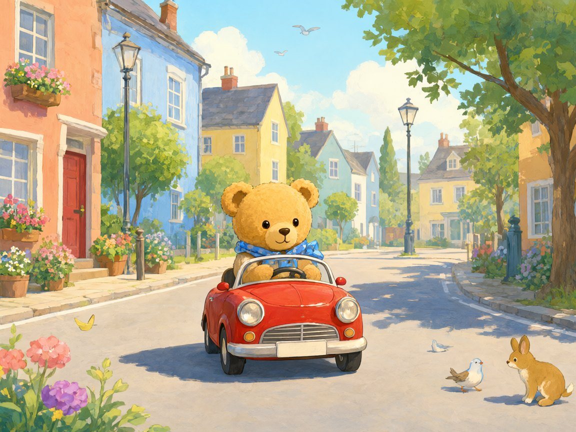 A teddy bear drives a little red car down a sunny street